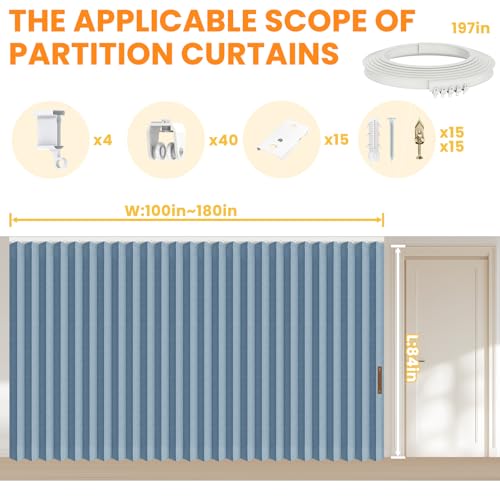 Accordion Room Divider Curtains with Ceiling Track, Grey, W100 x L84 J296
