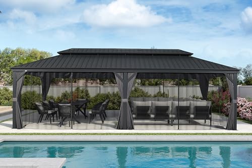 10' x 14' Permanent Hardtop Gazebo with Galvanized Steel Double Roof, Curtains and Netting Included M96664
