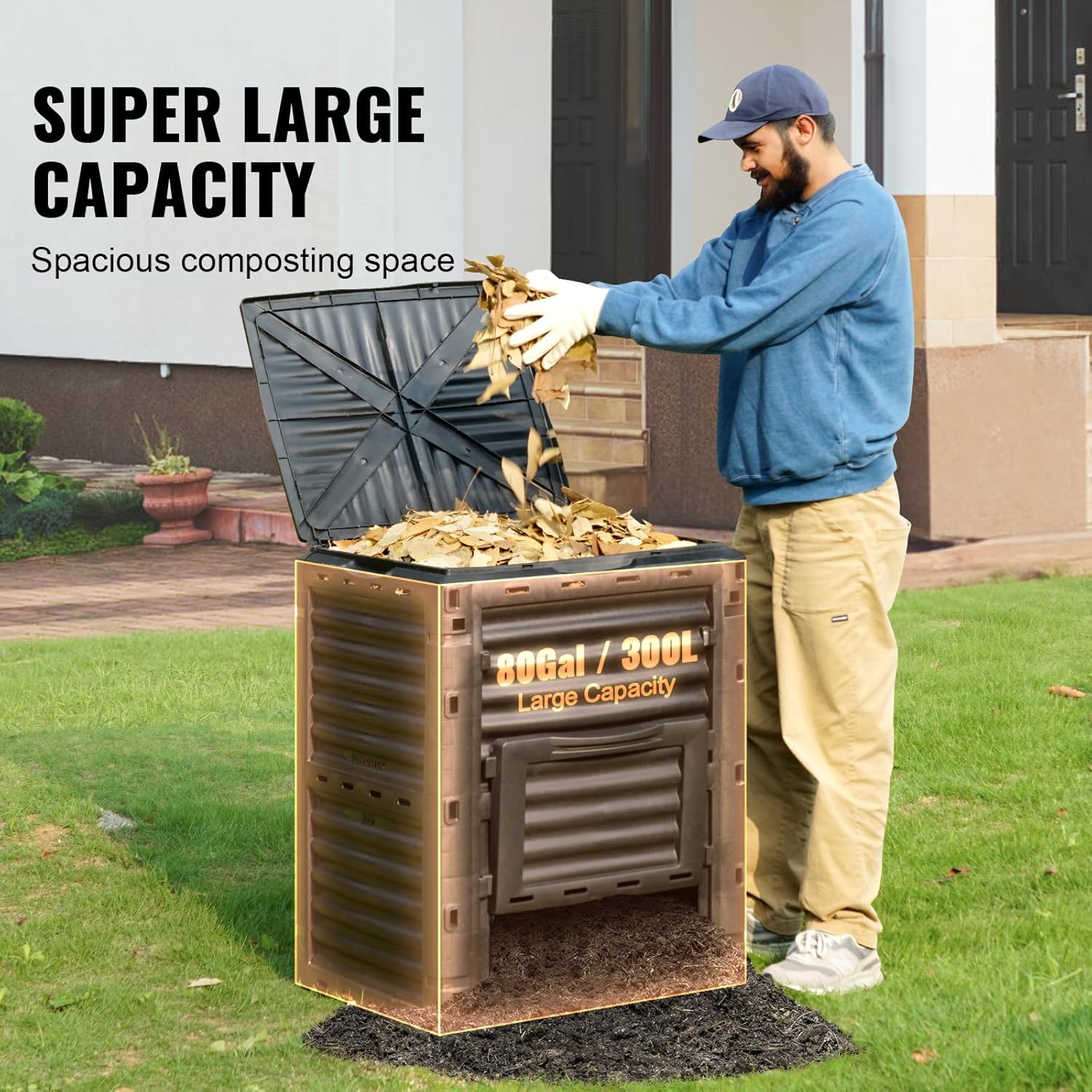 Garden Compost Bin 80 Gallon, Outdoor Composter with Top Lid and Bottom Door D9519
