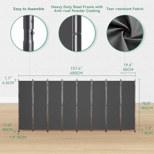 8-Panel 6 ft Tall Indoor Folding Room Divider, Portable Privacy Screen, Freestanding Partition, Dark Grey K442