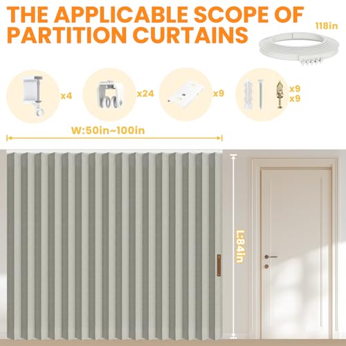 Accordion Room Divider Curtains with Ceiling Track, Grey, W100 x L84 J296
