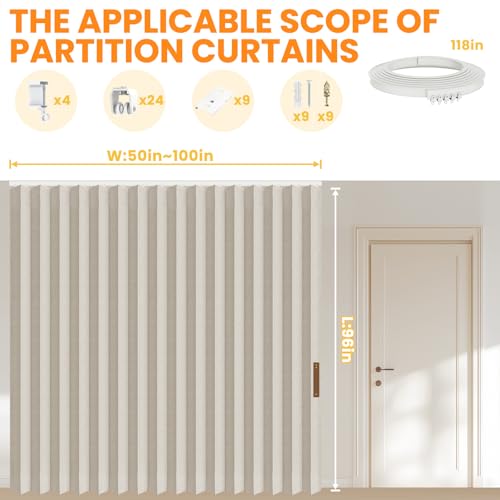Accordion Room Divider Curtains with Ceiling Track, Grey, W100 x L84 J296