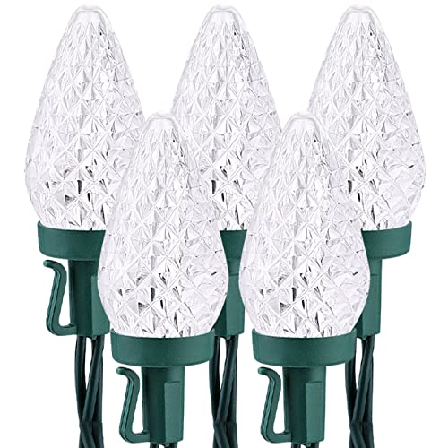 Brizled C9 Christmas Lights Cool White 16FT 25 LED Faceted Outdoor Christmas Lights Connectable Xmas Light 120V UL Certified for Tree, Holiday, House Decor