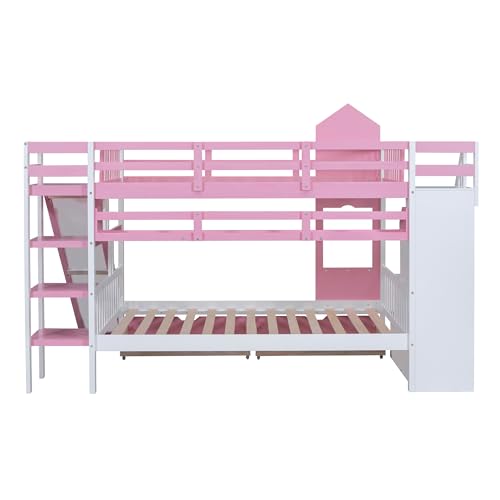 Kids Bunk Bed with Stairs and Slide, Twin Over Twin, Gray E77813