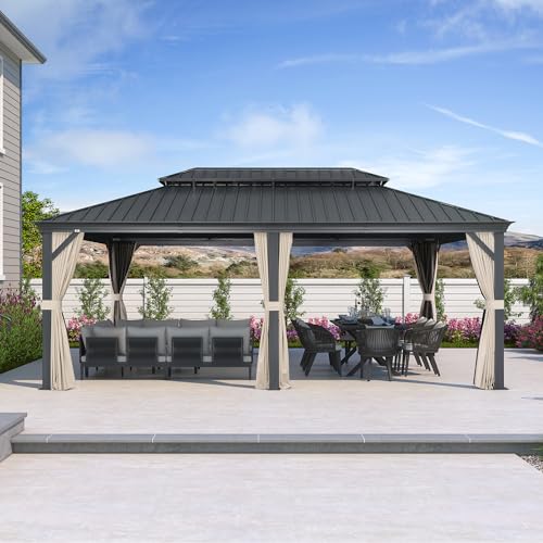 10' x 14' Permanent Hardtop Gazebo with Galvanized Steel Double Roof, Curtains and Netting Included M96664