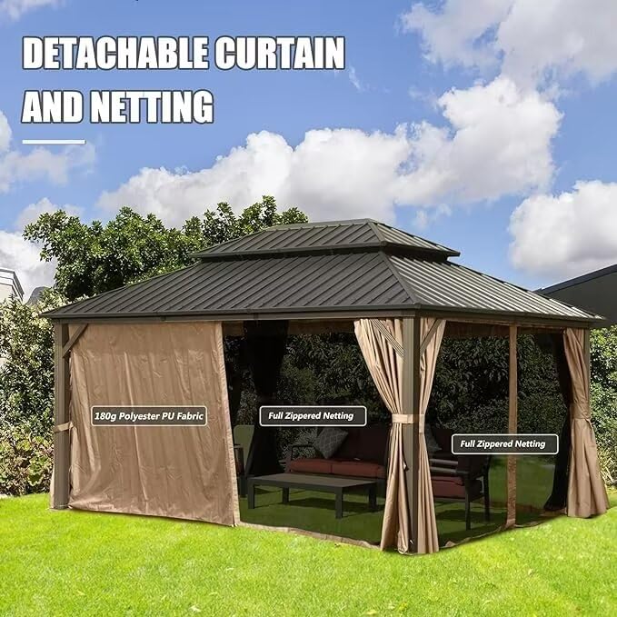 10 x 10 ft Hardtop Gazebo with Netting and Curtains, Galvanized Steel Roof for Patio and Garden X50618