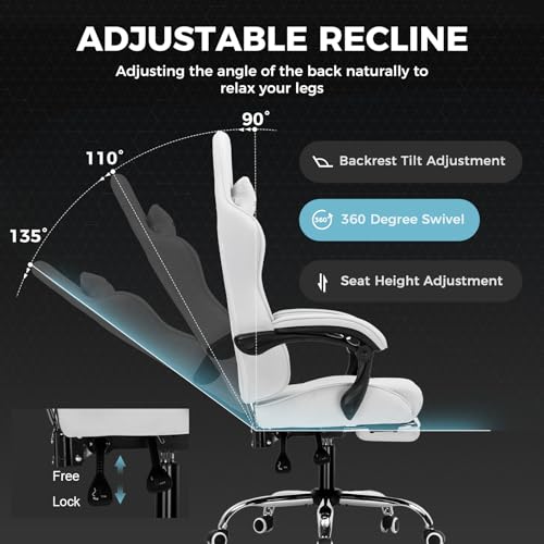 Gaming Chair with Footrest and Lumbar Support, Height Adjustable, 360° Swivel, Blue U7447