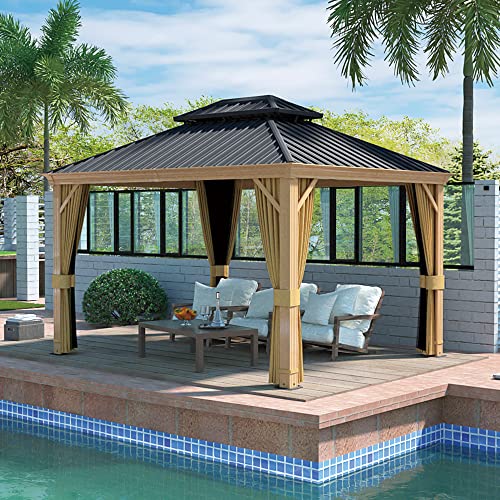 10 x 12 ft Hardtop Gazebo with Netting and Curtains, Double Roof Metal Canopy for Patio I7305