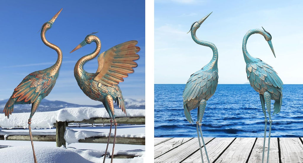 33-37 Inch Metal Crane Garden Statue Décor, 35-40 Inch Standing Garden Crane Statues, Outdoor Decoration for Yard Pond Lawn Backyard Pool, Vintage Spread Wings Crane, Set of 2