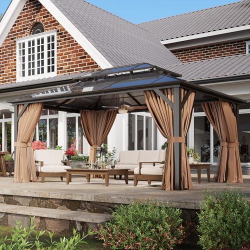 12x16 Hardtop Gazebo with Netting and Curtains, Aluminum Frame, Polycarbonate Roof N71921