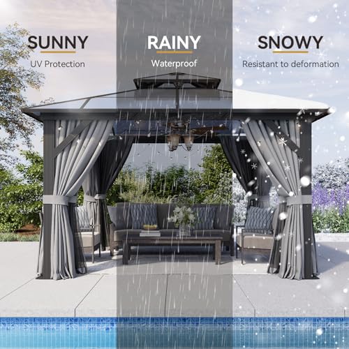 12x16 Hardtop Gazebo with Netting and Curtains, Aluminum Frame, Polycarbonate Roof N71921