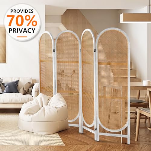 Foldable Wooden Room Divider with Hand-Woven Rattan Panels X6131