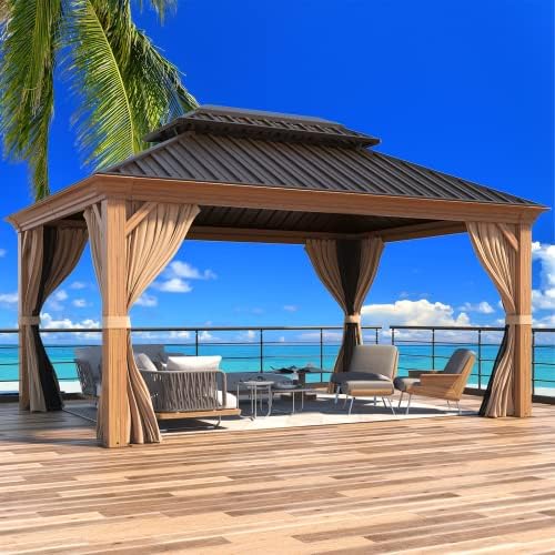 12x16 ft Hardtop Gazebo with Galvanized Steel Roof, Curtains and Netting V821