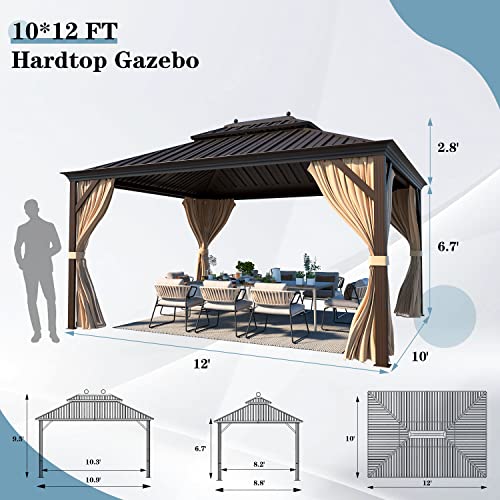 12x16 ft Hardtop Gazebo with Galvanized Steel Roof, Curtains and Netting V821