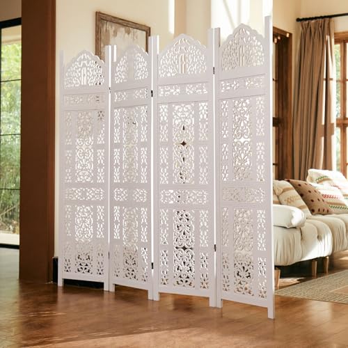 Wood Carved Room Divider 4 Panel Folding Screen Z937290