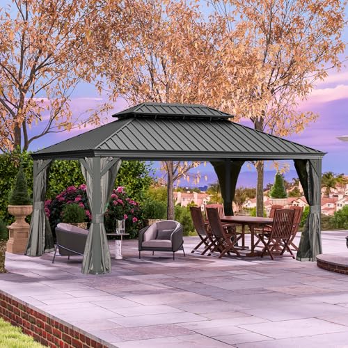 10 x 10 ft Hardtop Gazebo with Netting and Curtains, Galvanized Steel Roof for Patio and Garden X50618