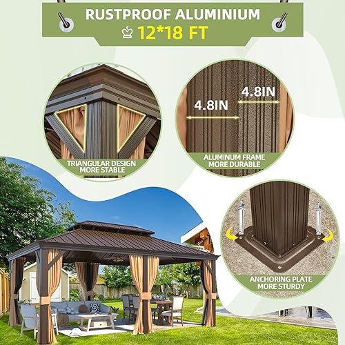 12x16 ft Hardtop Gazebo with Galvanized Steel Roof, Curtains and Netting V821