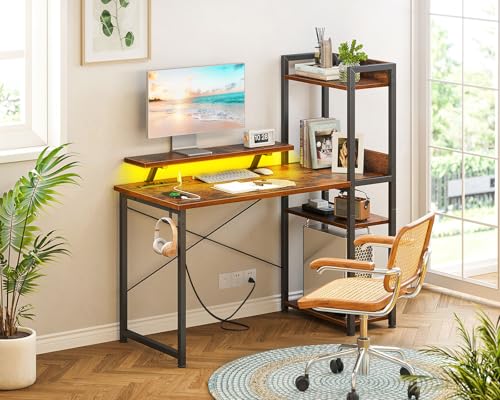 Reversible Gaming Desk with USB Charging Port and LED Lights, 40 Inch Computer Desk with Storage Shelves C134