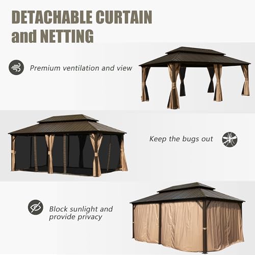 10 x 10 ft Hardtop Gazebo with Netting and Curtains, Galvanized Steel Roof for Patio and Garden X50618