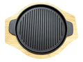 Round Grill Cast Iron Pan W/ Rubber Wood Underliner, for Steak, Meat, Fish (9.25" Grill)