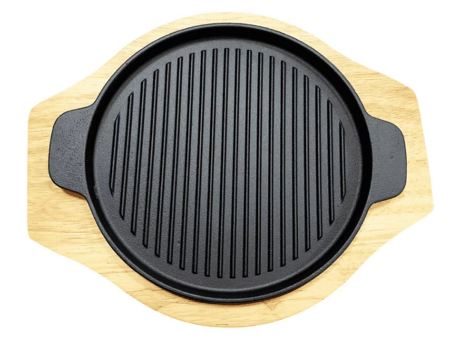 Round Grill Cast Iron Pan W/ Rubber Wood Underliner, for Steak, Meat, Fish (9.25" Grill)
