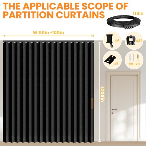 Accordion Room Divider Curtains with Ceiling Track, Grey, W100 x L84 J296