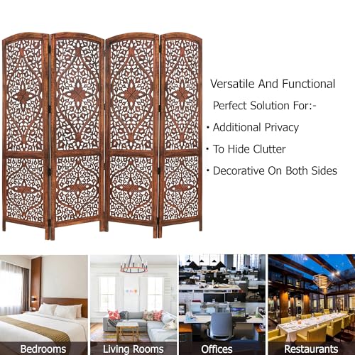 4 Panel Folding Wood Room Divider, Antique Brown, 72 x 80 L396608
