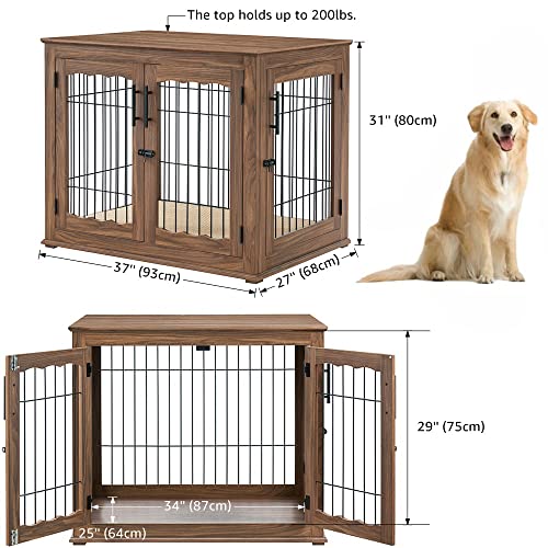 Wooden Dog Crate End Table with Double Doors and Pet Bed T245171