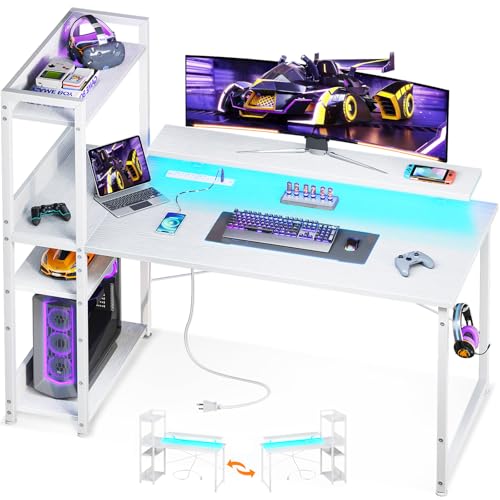 Reversible Gaming Desk with USB Charging Port and LED Lights, 40 Inch Computer Desk with Storage Shelves C134