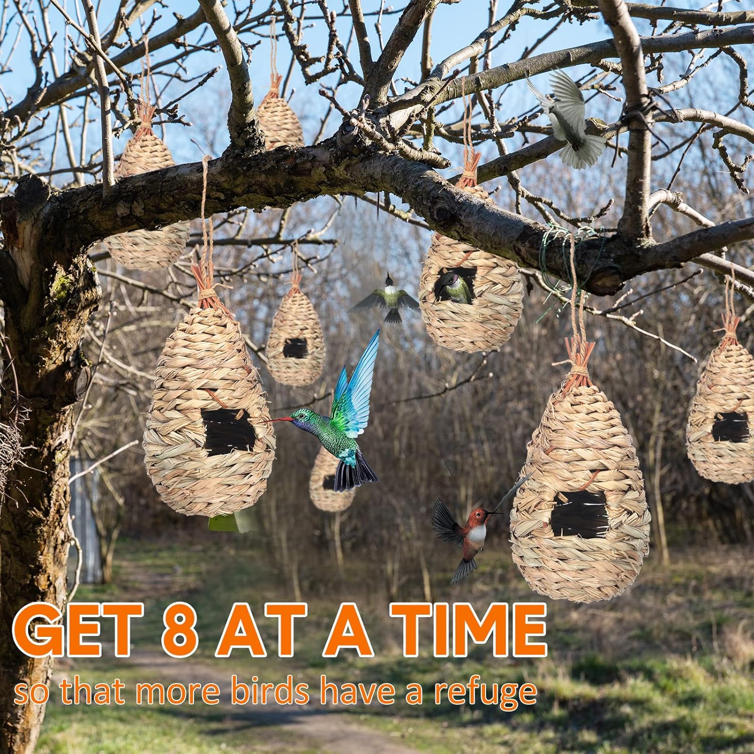 Hummingbird Nest Houses for Outside Hanging, Hand Woven Natural Fiber, 8 Pack X9654