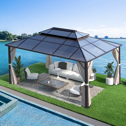 10'x13' Hardtop Gazebo with Polycarbonate Double Roof, Aluminum Frame, Curtains and Netting N263