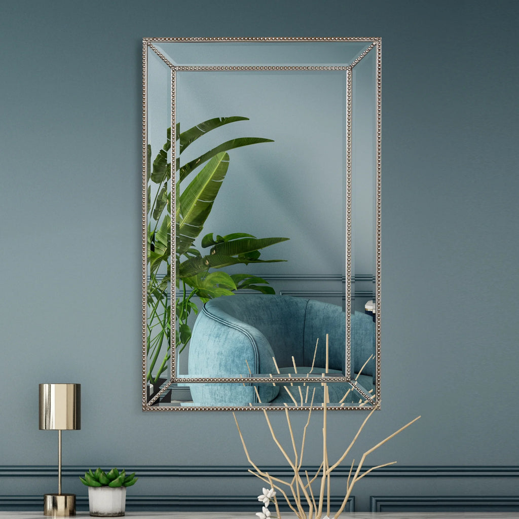 Champagne Silver Beaded Glass Framed Vanity Mirror - Rectangle for Bathroom & Living Room - 20"x32" Z524863