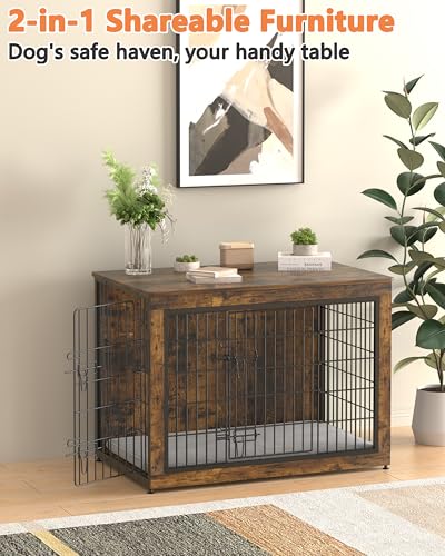 Dog Crate Furniture with Cushion, Heavy-Duty Metal Mesh, Wooden End Table with Double Doors, Indoor Kennel for Small Breed, Grey K856