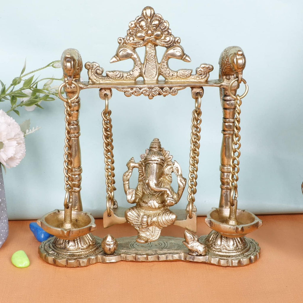 Brass Ganesh Jhula with Diya Hanging Swing Statue for Home Décor, 9 Inch E651595