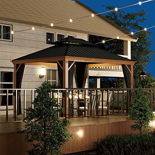 10 x 12 ft Hardtop Gazebo with Netting and Curtains, Double Roof Metal Canopy for Patio I7305