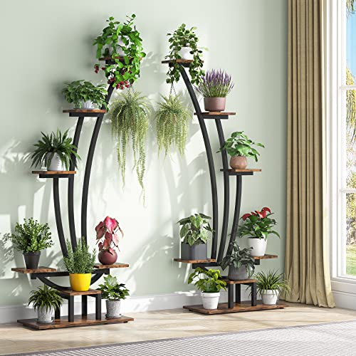 6-Tier Tall Plant Stand, Metal Curved Display Shelf with Hanging Hooks Q77495