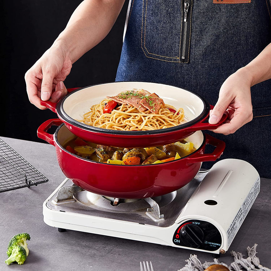 Enameled Cast Iron Cocotte Double Braiser Pan with Grill Lid P157487