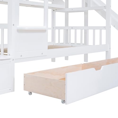 Twin Over Twin Bunk Bed with Stairs and Slide, Solid Wood Frame with Storage Y2445