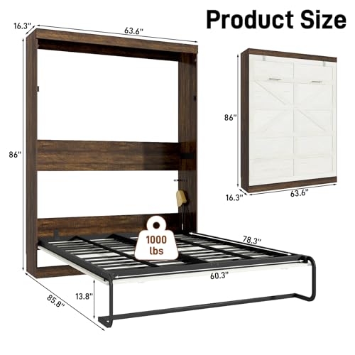 Queen Size Murphy Bed with LED Lights, Foldable Wall Bed Frame, Space-Saving J83169