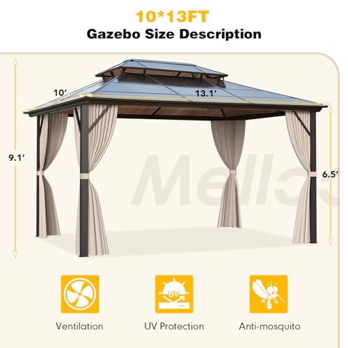 10'x13' Hardtop Gazebo with Polycarbonate Double Roof, Aluminum Frame, Curtains and Netting N263