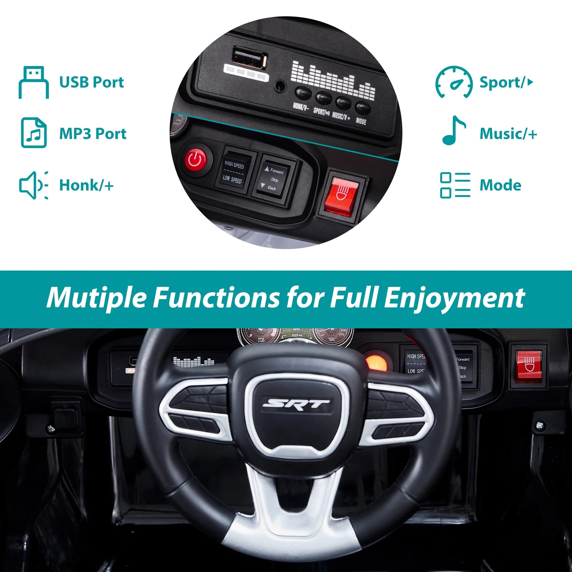 12V Black Dodge Charger Ride On Car with Remote Control, Kids Electric Toy with Bluetooth, LED Light, 4 Wheel Suspension B4884