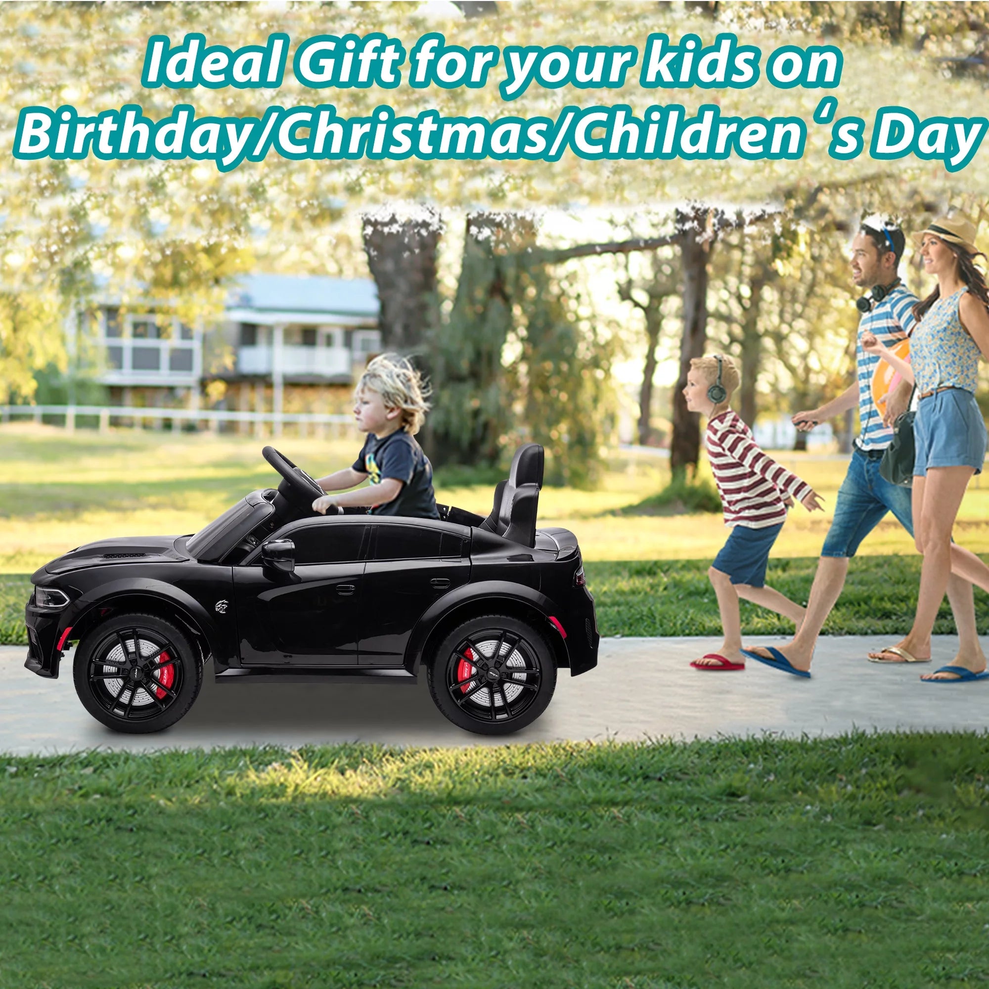 12V Black Dodge Charger Ride On Car with Remote Control, Kids Electric Toy with Bluetooth, LED Light, 4 Wheel Suspension B4884