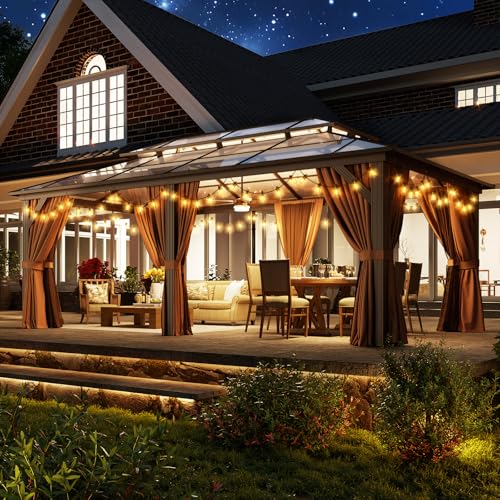 12x16 Hardtop Gazebo with Netting and Curtains, Aluminum Frame, Polycarbonate Roof N71921