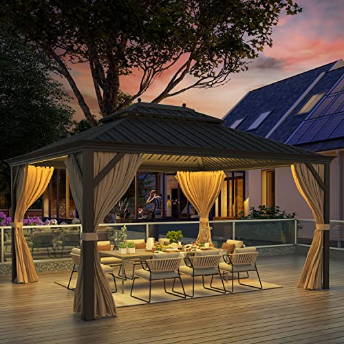 12x16 ft Hardtop Gazebo with Galvanized Steel Roof, Curtains and Netting V821