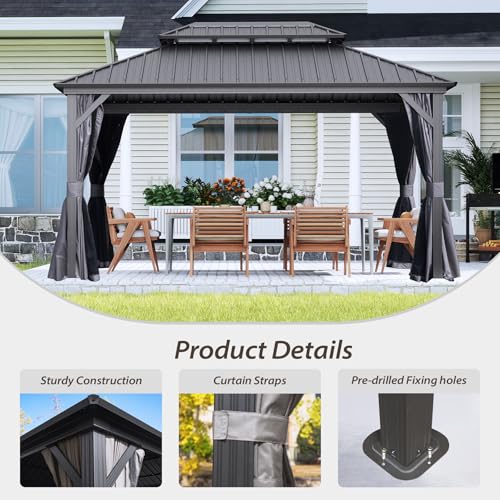10 x 10 ft Hardtop Gazebo with Netting and Curtains, Galvanized Steel Roof for Patio and Garden X50618