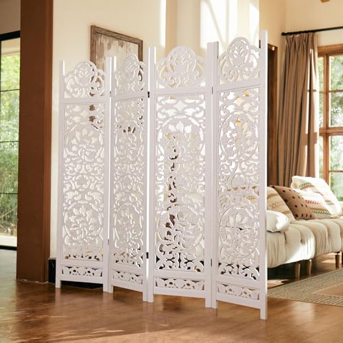 Wood Carved Room Divider 4 Panel Folding Screen Z937290