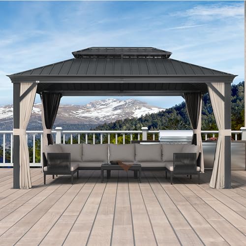 10' x 14' Permanent Hardtop Gazebo with Galvanized Steel Double Roof, Curtains and Netting Included M96664