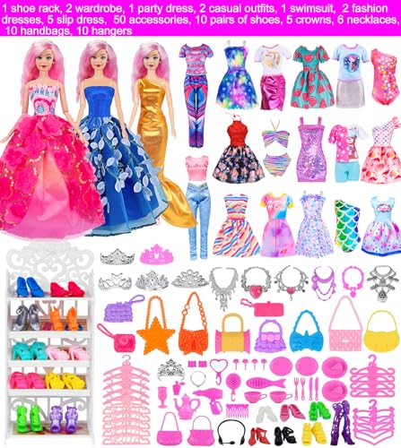 105 Pcs Doll Wardrobe Playset with Doll, Clothes, Shoes and Hangers N690