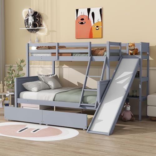 Twin Over Full Bunk Bed with Slide and Storage Stairs C57577