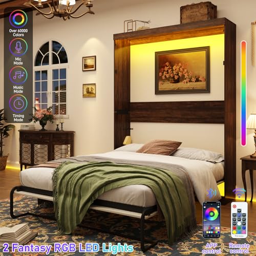 Queen Size Murphy Bed with LED Lights, Foldable Wall Bed Frame, Space-Saving J83169